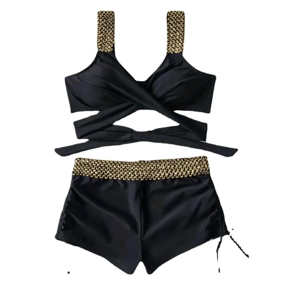 Black high waist bikini with gold chain detailing on solid color high waist swimwear set straps and waistband