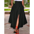 Black high waist simple daily slit midi skirt with asymmetrical front slit and tied waistband in solid color