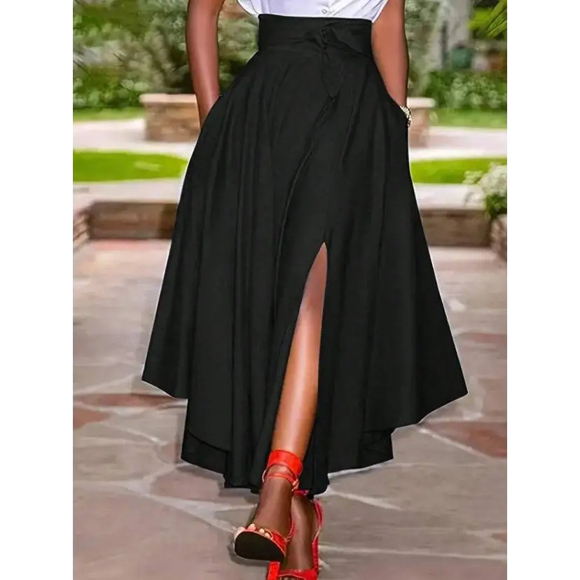Black high waist simple daily slit midi skirt with asymmetrical front slit and tied waistband in solid color
