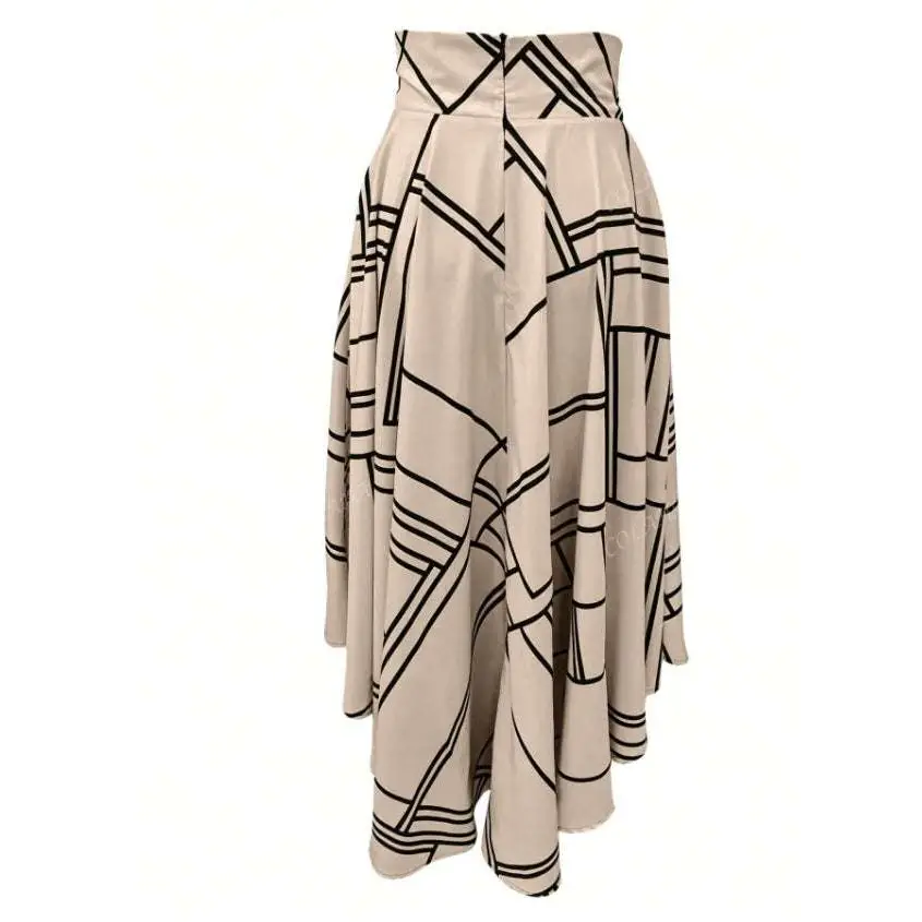Black high waist daily slit midi skirt in beige fabric with bold black geometric lines and flowing silhouette