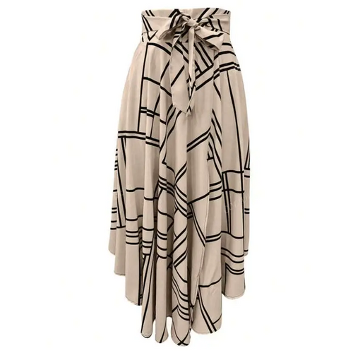 Beige high waist daily slit midi skirt with black geometric pattern and tied waistband for solid color simple style