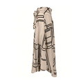 Beige wrap skirt with black geometric line pattern and self-tie waistband suitable as a high waist daily slit midi skirt