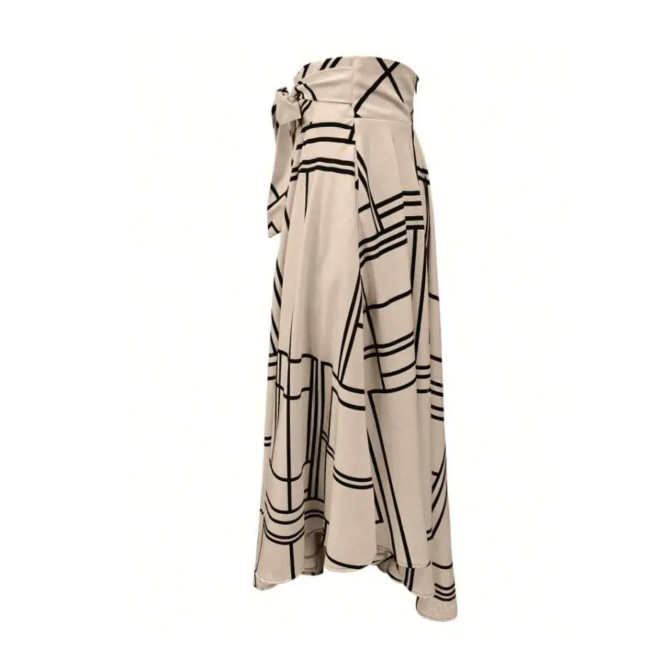 Beige wrap skirt with black geometric line pattern and self-tie waistband suitable as a high waist daily slit midi skirt