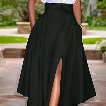 Black high waist solid color simple daily slit midi skirt with front slit and tied waistband for everyday wear
