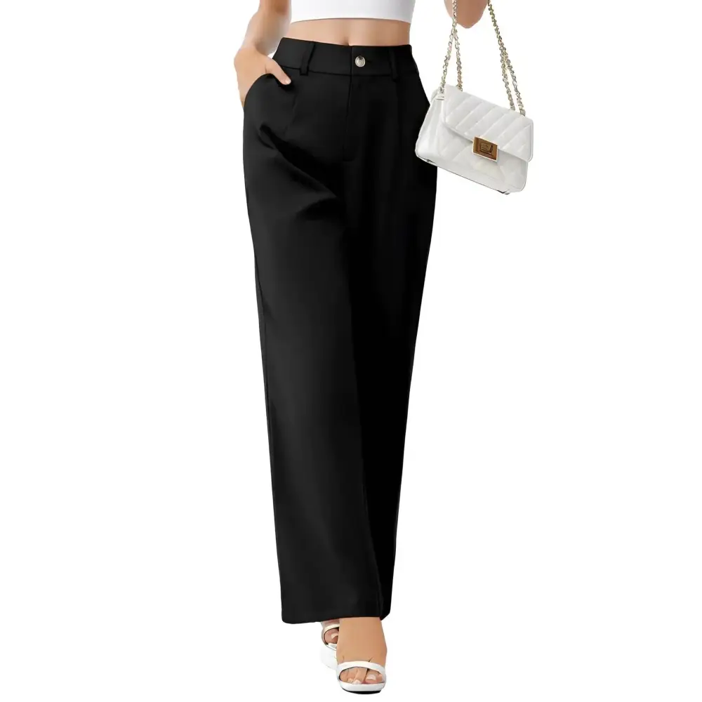 Black high waist women dress pants featuring wide leg trousers with a sleek straight-cut silhouette and single button closure