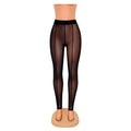 Black high waisted mesh see-through leggings with sheer fabric, solid waistband, and vertical seam detailing
