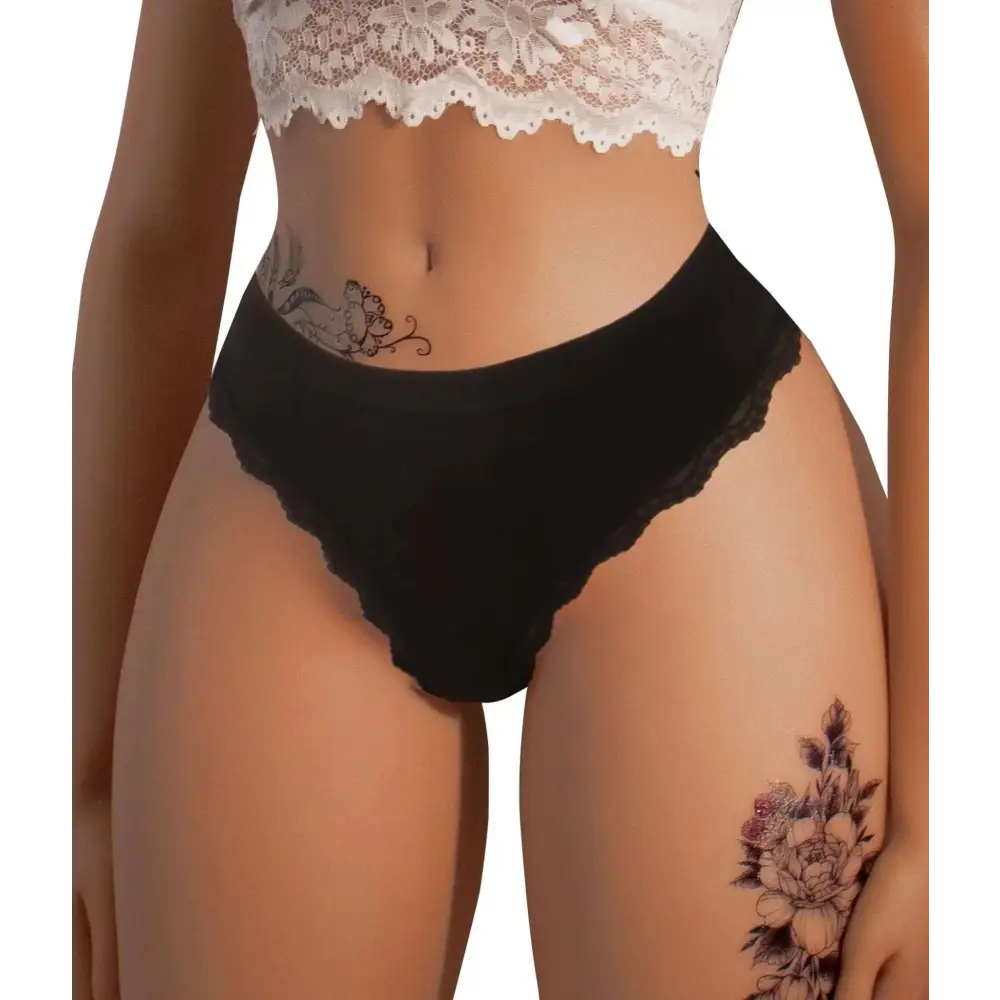 Black high waisted seamless lace thongs featuring a smooth, form-fitting design with lace trim detailing