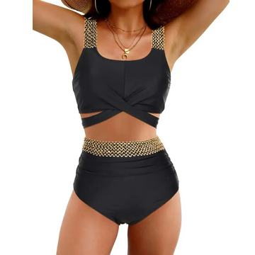 Black high waisted two piece tummy control bikini set with gold chain-link trim on straps and waistband
