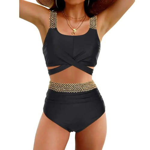 Black high waisted two piece tummy control bikini set with gold chain-link trim on straps and waistband