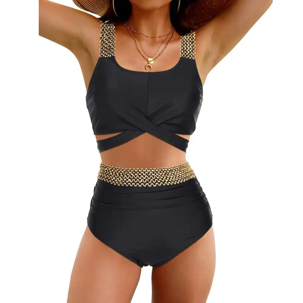 Black high waisted two piece tummy control bikini set with gold chain-link trim on straps and waistband