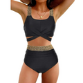 Black high waisted tummy control bikini two piece with gold chain-link trim on straps and waistband