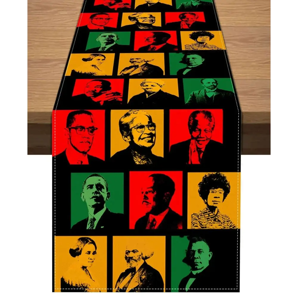 Black table runner with vibrant pop art portraits in red green and yellow celebrating black history month