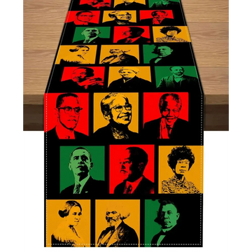 Black table runner with vibrant pop art portraits in red green and yellow celebrating black history month