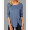 Blue heathered long-sleeved top with black irregular button hem and round neck detail for stylish comfort