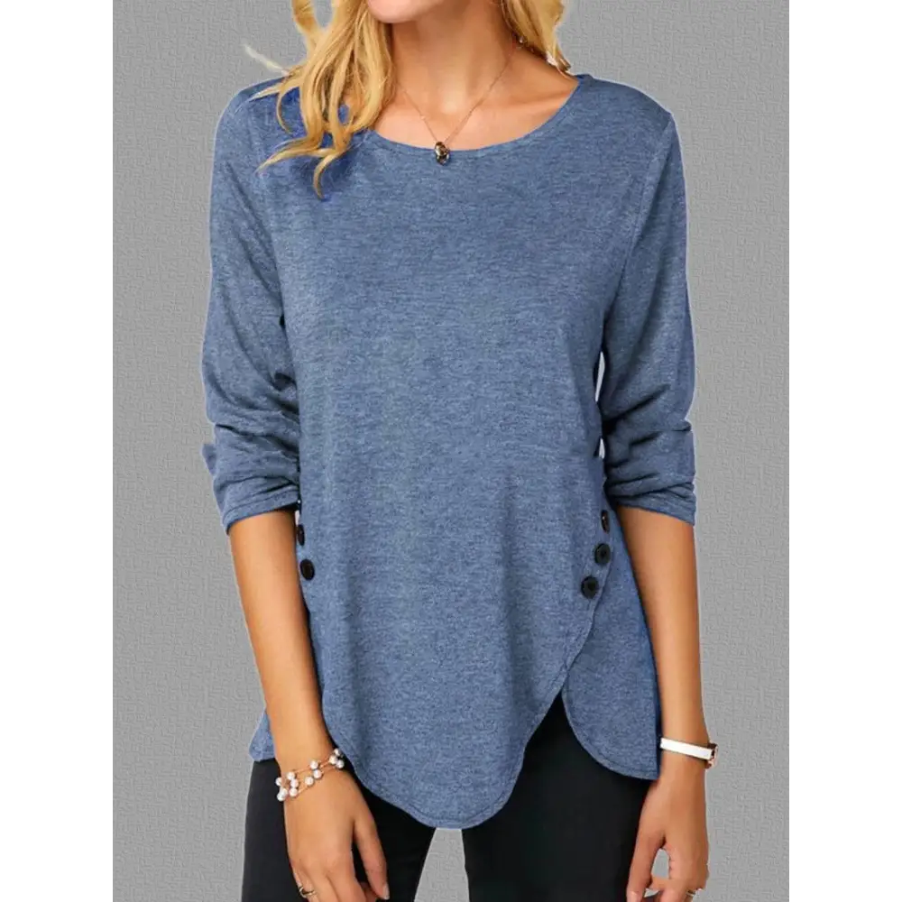 Blue heathered long-sleeved top with black irregular button hem and round neck detail for stylish comfort
