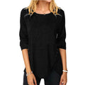 Black irregular button hem round neck top featuring textured knit fabric and asymmetrical three-quarter sleeve design