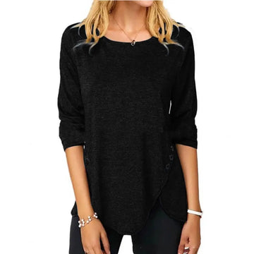 Black irregular button hem round neck top featuring textured knit fabric and asymmetrical three-quarter sleeve design