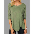 Olive green long-sleeved top with black irregular button hem and round neck detail for stylish casual wear