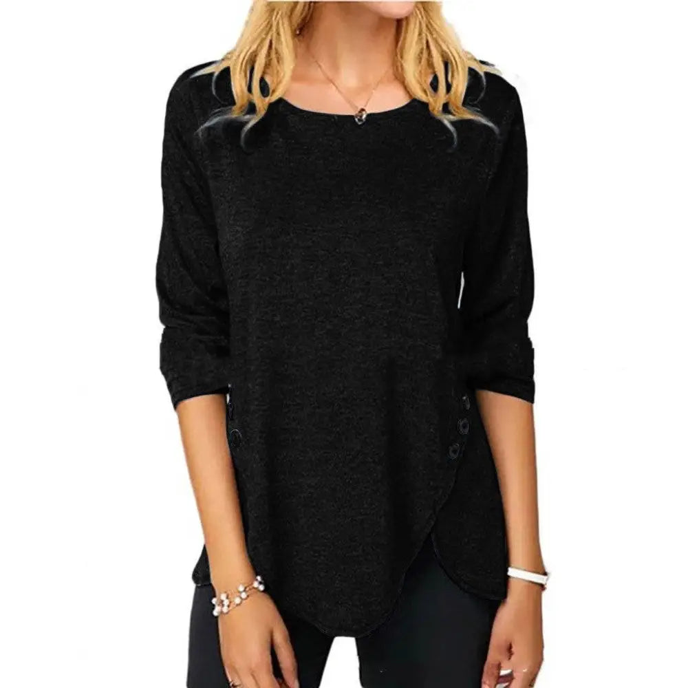 Black irregular button hem round neck top featuring textured knit fabric and asymmetrical three-quarter sleeve design