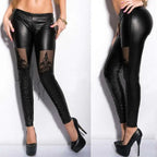 Black jacquard lace stitching base leather pants with lace-up sides and sheer black lace panels in faux leather