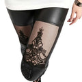 Black jacquard lace stitching base leather pants featuring black faux leather leggings with sheer mesh panels and floral embroidery