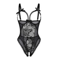 Black lace babydoll bodysuit featuring floral lace patterns and delicate ribbon ties for elegant lingerie wear