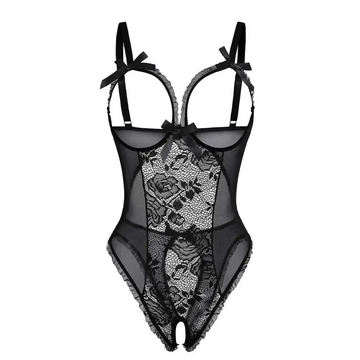 Black lace babydoll bodysuit featuring floral lace patterns and delicate ribbon ties for elegant lingerie wear