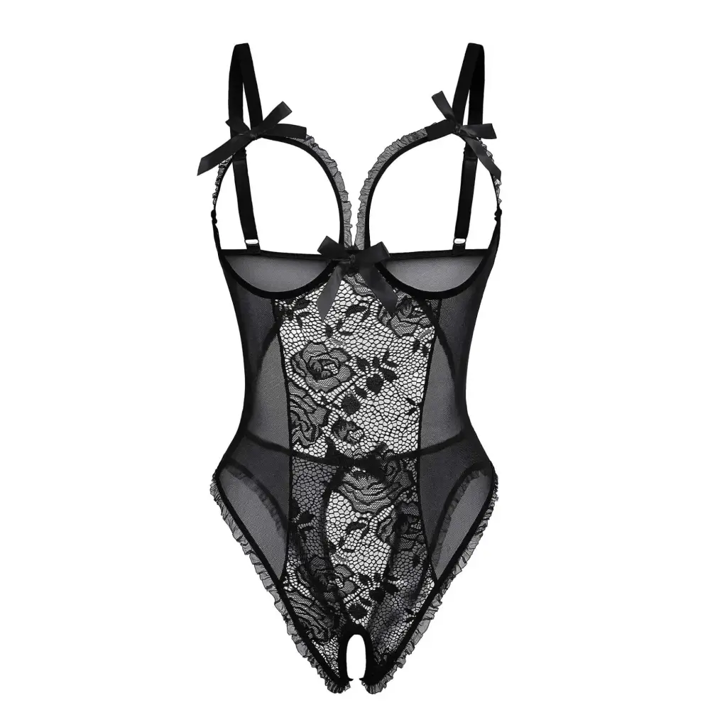 Black lace babydoll bodysuit featuring floral lace patterns and delicate ribbon ties for elegant lingerie wear