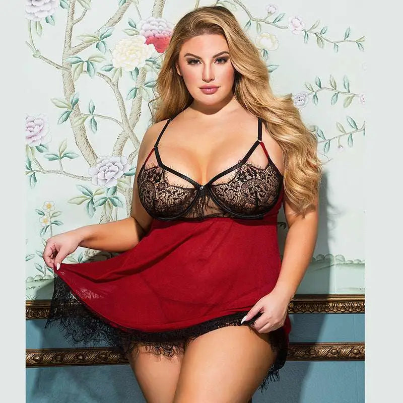 black lace bra with red satin overlay and matching sheer skirt in a plus size floral lace lingerie set featured in the 2026 guide to floral lace sets and plus size lingerie