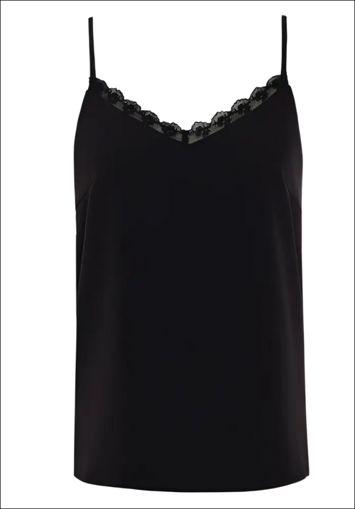 Black lace camisole made of black satin with delicate lace trim along the neckline for luxury women’s fashion