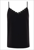 Black lace camisole in black satin with delicate lace trim along neckline for luxury women’s fashion