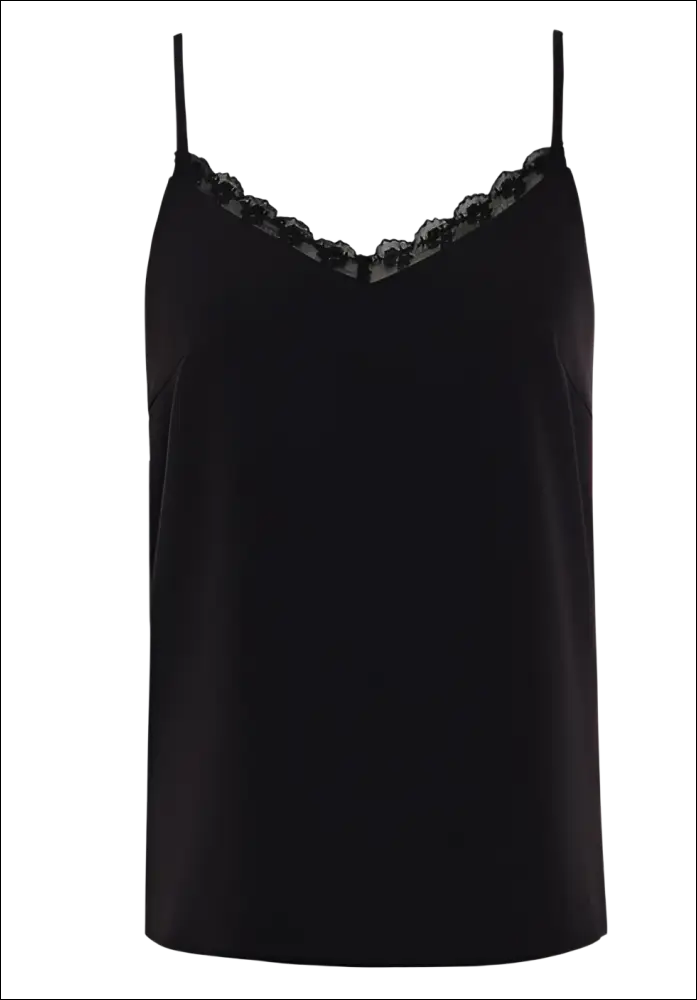 Black lace camisole in black satin with delicate lace trim along neckline for luxury women’s fashion