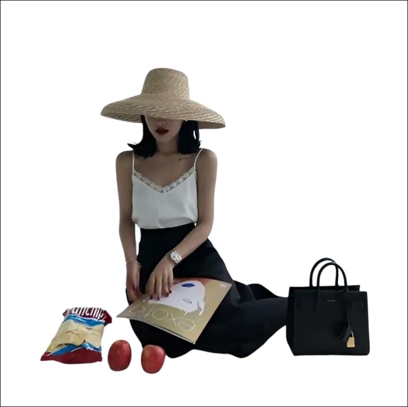 Black structured handbag with gold-tone clasp and handles complements luxury women’s fashion lace camisole outfits