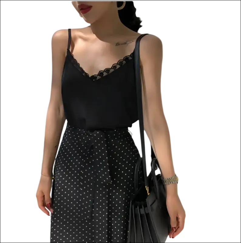 Black lace camisole with lace trim and spaghetti straps showcasing luxury women’s fashion essentials