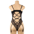 Black lace garter belt nightdress set featuring crisscross straps and garter ties for elegant lingerie wear