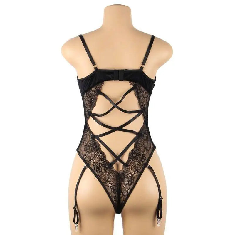 Black lace garter belt nightdress set featuring crisscross straps and garter ties for elegant lingerie wear