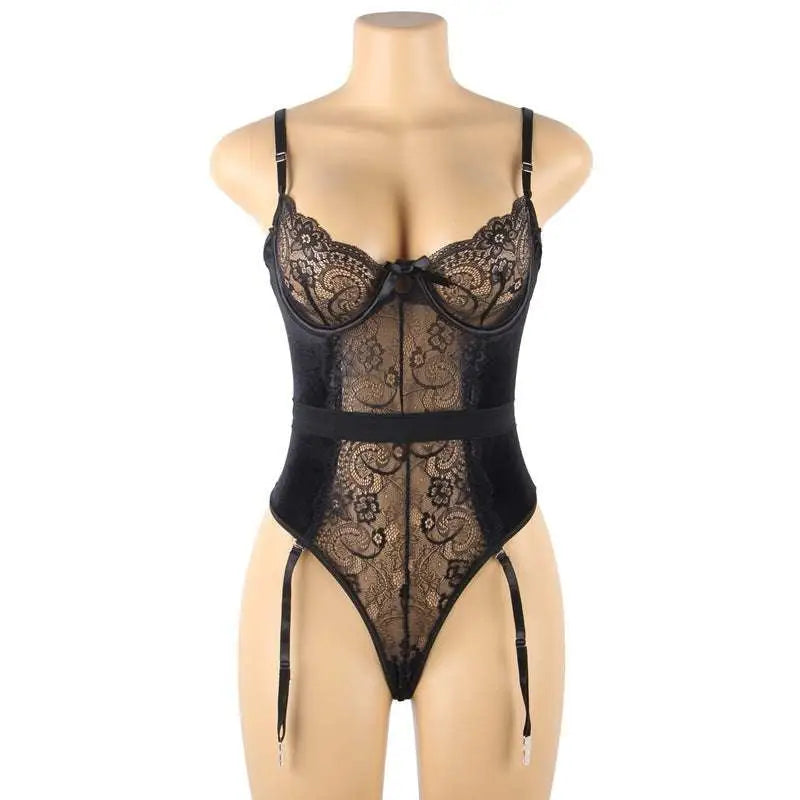 Black lace garter belt nightdress set with intricate floral patterns corset design and adjustable garter straps