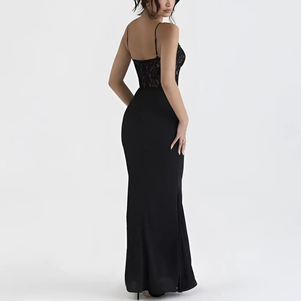 Black lace high waist mermaid gown in satin with thin spaghetti straps showcasing elegant evening wear design