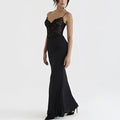 Elegant black lace high waist mermaid gown with spaghetti straps featuring a lace bodice and sleek satin skirt