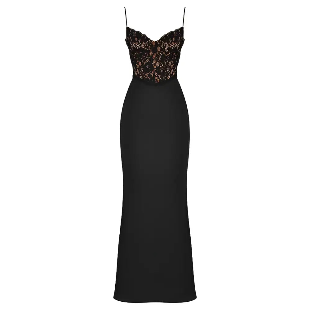 Elegant black mermaid gown with lace high waist bodice and thin spaghetti straps for formal occasions