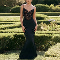 Black lace high waist mermaid gown with fitted bodice spaghetti straps and flowing skirt elegant evening dress