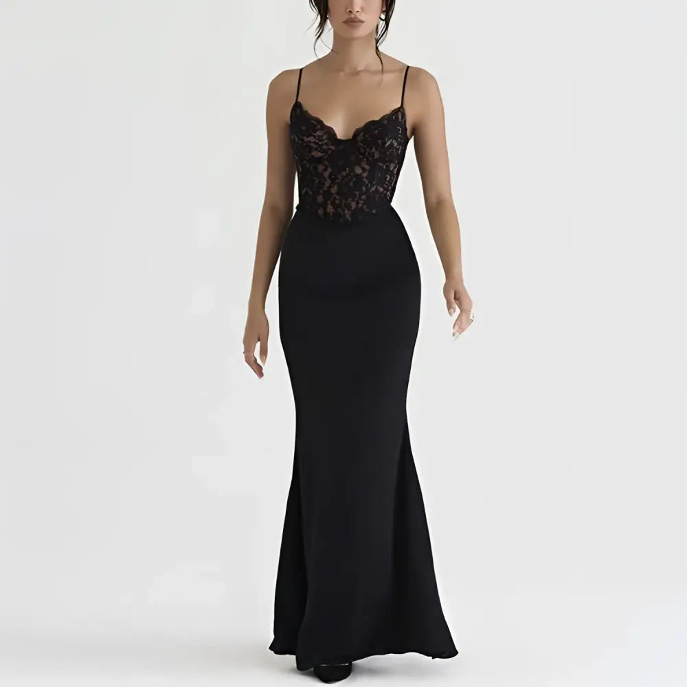 Black lace high waist mermaid gown with fitted bodice spaghetti straps and flowing skirt elegant evening dress