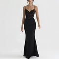 Black lace high waist mermaid gown with lace bodice spaghetti straps and smooth flowing skirt in elegant black color