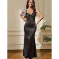 Black satin mermaid gown with lace high waist bodice and spaghetti straps, featuring a fitted silhouette