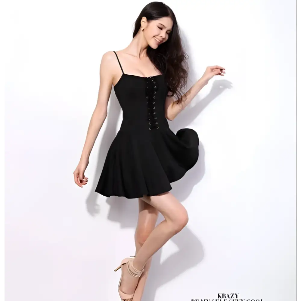 Black lace high waist spaghetti strap dress featuring lace fabric and a flared skirt with font-style normal text-decoration