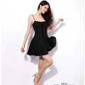 Black lace high waist sleeveless mini dress with lace-up front and flared skirt in black fabric