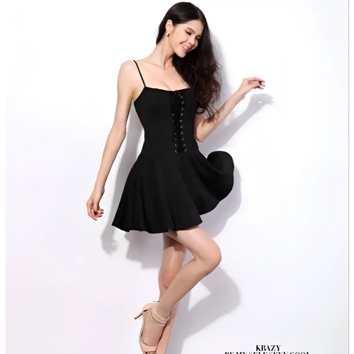 Black lace high waist sleeveless mini dress with lace-up front and flared skirt in black fabric