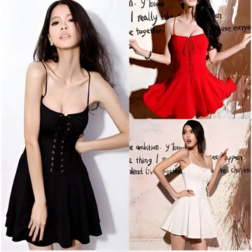 Black lace high waist spaghetti strap dress featuring lace fabric and a flared skirt with font-style normal text-decoration