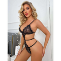 Black lace lingerie bodysuit featuring intricate floral patterns and delicate thin straps in lace material