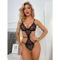 Black lace lingerie bodysuit with intricate floral patterns and thin straps for elegant intimate wear